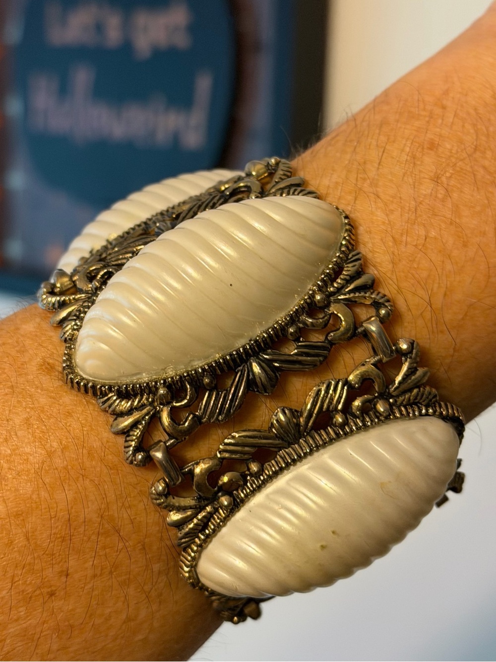 Vintage Wide Link Panel Bracelet White Plastic Molded Insets Mid Century Goth